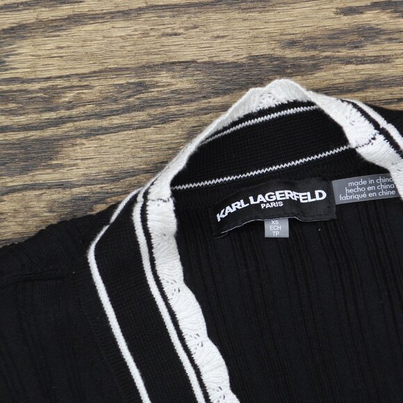 NWT Karl Lagerfeld Lace-Trim Cardigan Button Up Sweater Black Soft White XS - Picture 8 of 9
